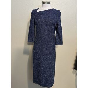 ST JOHN Dark Blue Multi Metallic Tweed Knit Sequin Sheath 3/4‎ Sleeve Dress sz.4